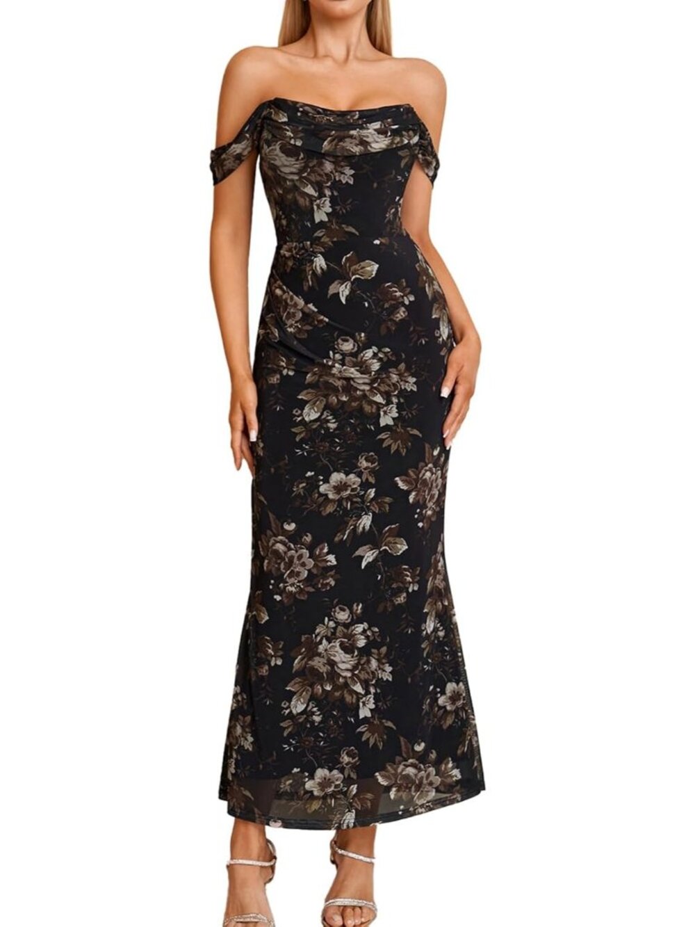 Women's Black Floral Off The Shoulder Bodycon Corset Formal Wedding Maxi Dresses
